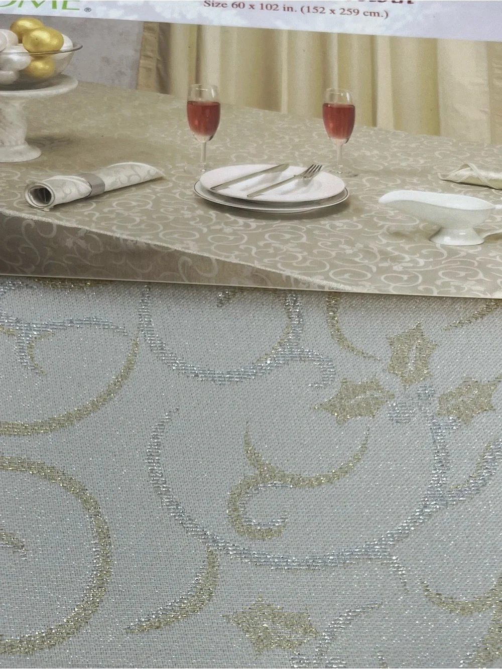 December Home Fabric Tablecloth Oblong 60x102 NOS Ivory Gold Silver Scroll